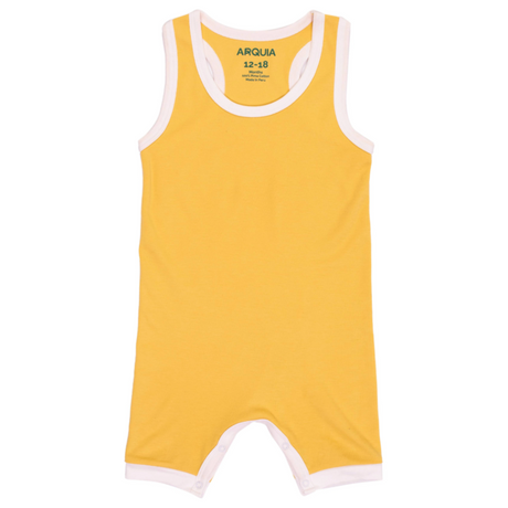 100% Peruvian Pima Cotton Misted Yellow with White Sleeveles Summer Romper - HoneyBug 