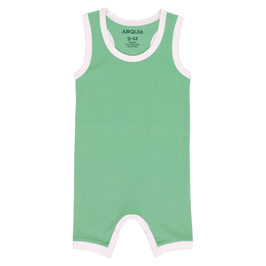 100% Peruvian Pima Cotton Grass Green with White Sleeveles Summer Romper - HoneyBug 