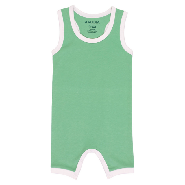 100% Peruvian Pima Cotton Grass Green with White Sleeveles Summer Romper - HoneyBug 