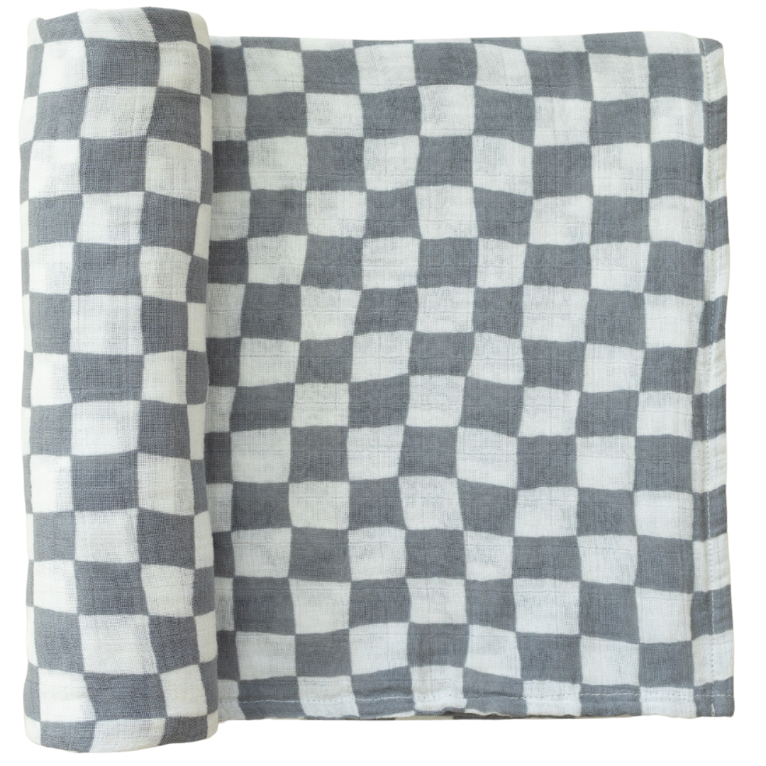 Dusty Blue Wavy Checkered Muslin Swaddle Blanket - HoneyBug 