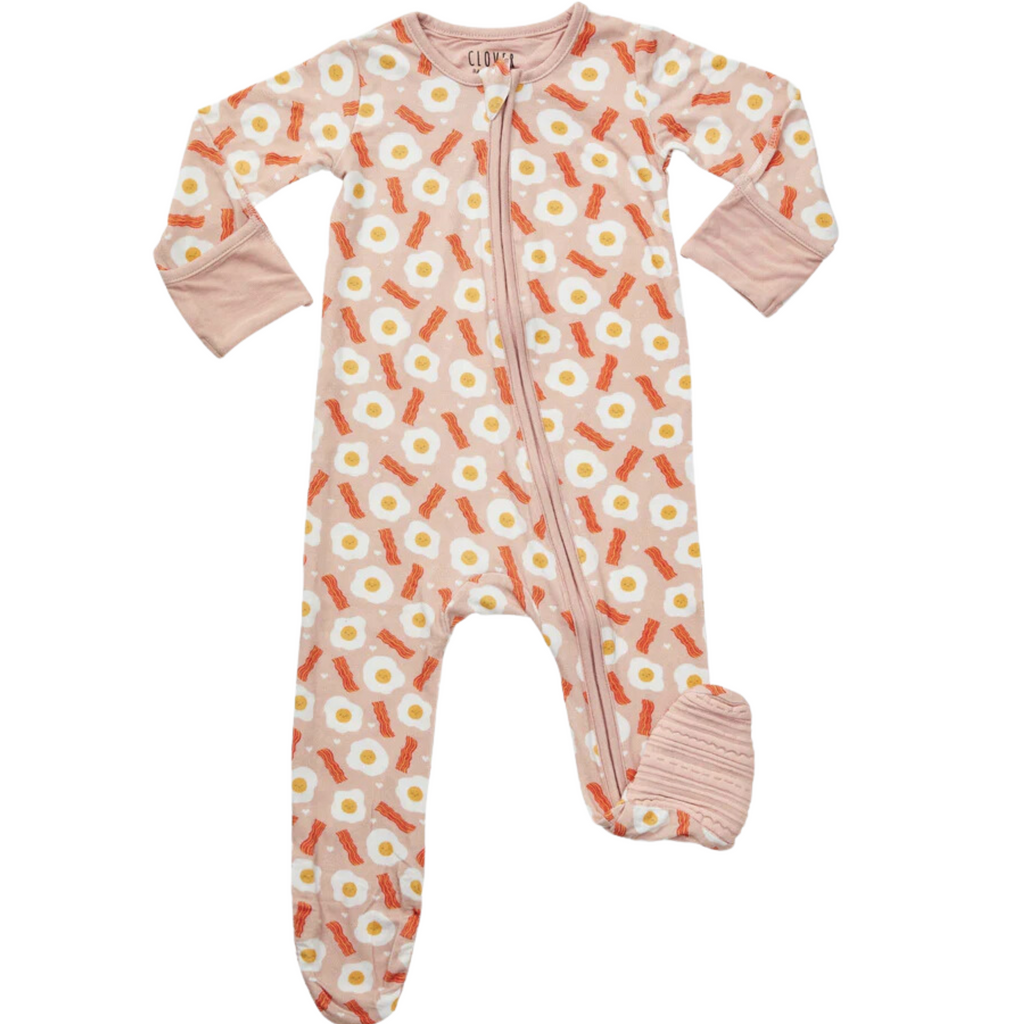 Soft & Stretchy Zipper Footie - Bacon & Eggs Pink - HoneyBug 
