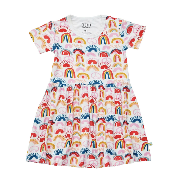 Stretchy Short Sleeve Twirl Dress - Rainbows Pink - HoneyBug 