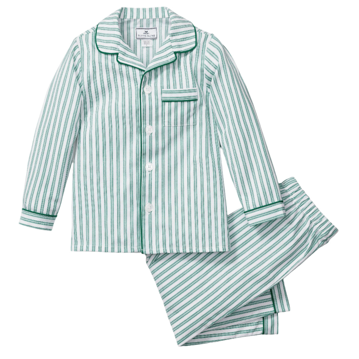 Kid's Twill Pajama Set in Emerald Ticking - HoneyBug 