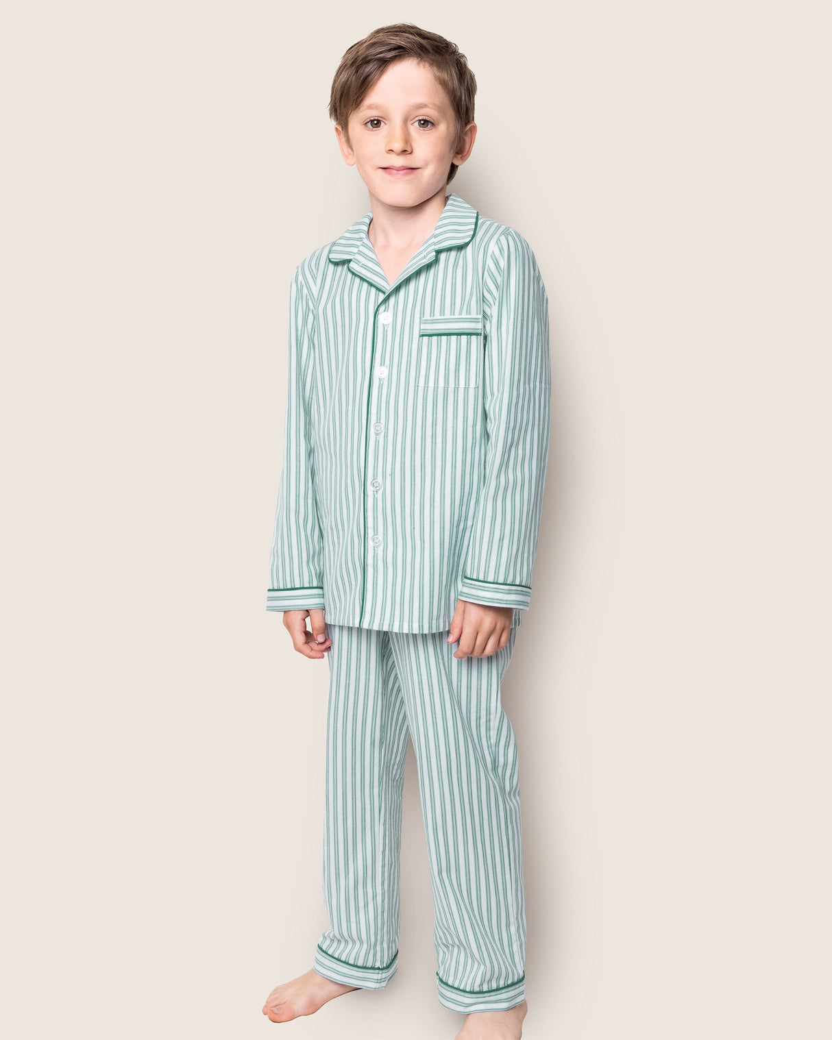 Kid's Twill Pajama Set in Emerald Ticking - HoneyBug 