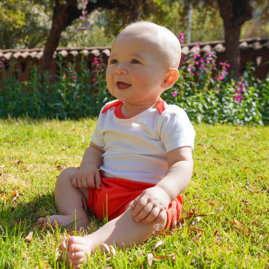 100% Peruvian Pima Cotton White with Engine Red Short Sleeve Snap Bodysuit - HoneyBug 