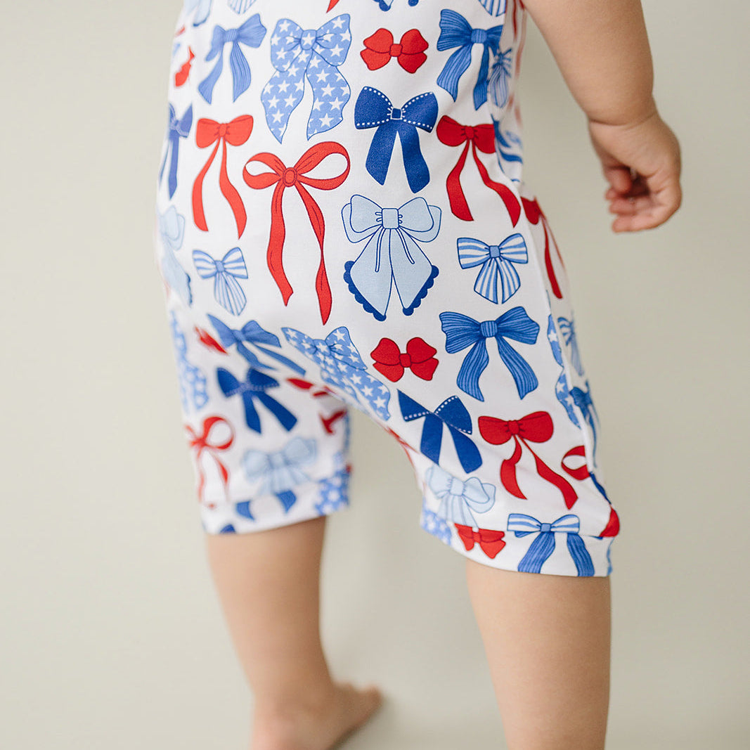 Bamboo Shorty Romper  | Red-White & Bows