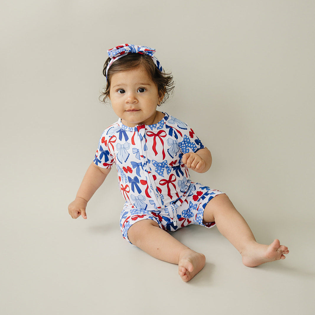 Bamboo Shorty Romper  | Red-White & Bows