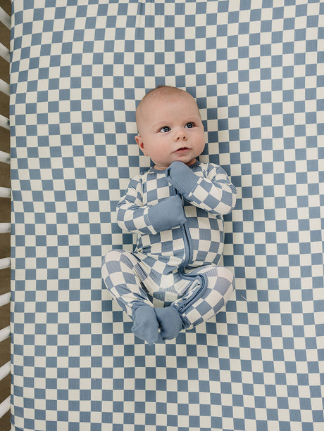 Blue Checkered Ribbed Bamboo Stretch Crib Sheet