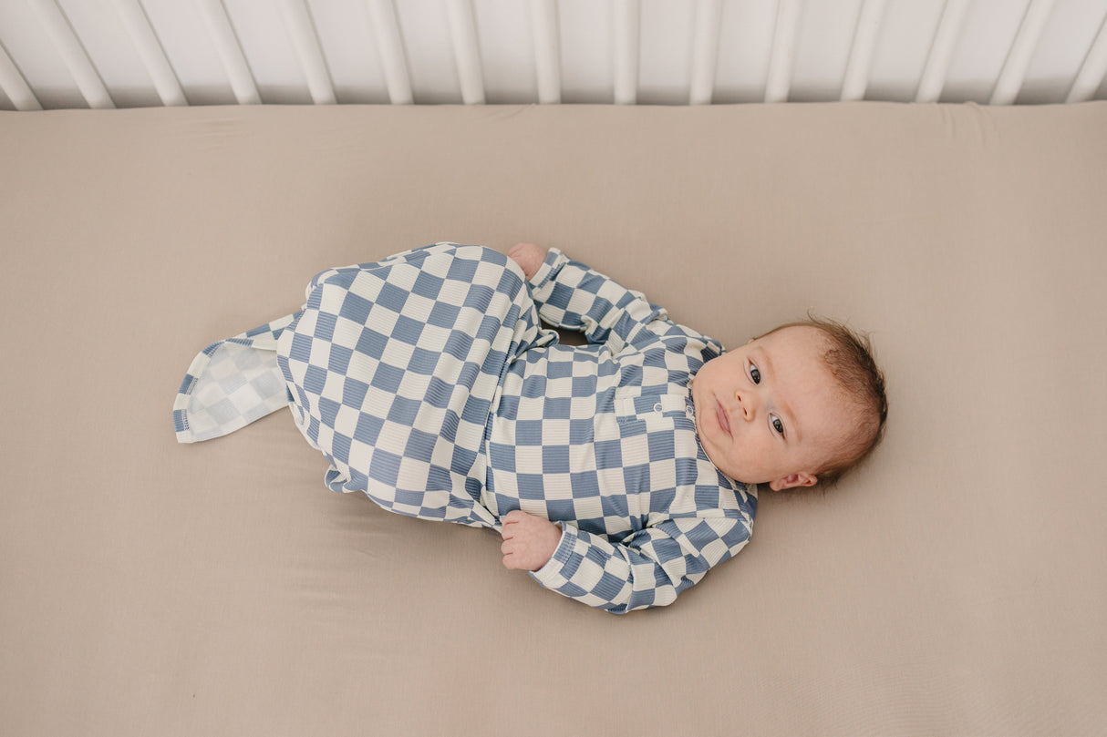 Blue Checkered Ribbed Bamboo Knot Gown