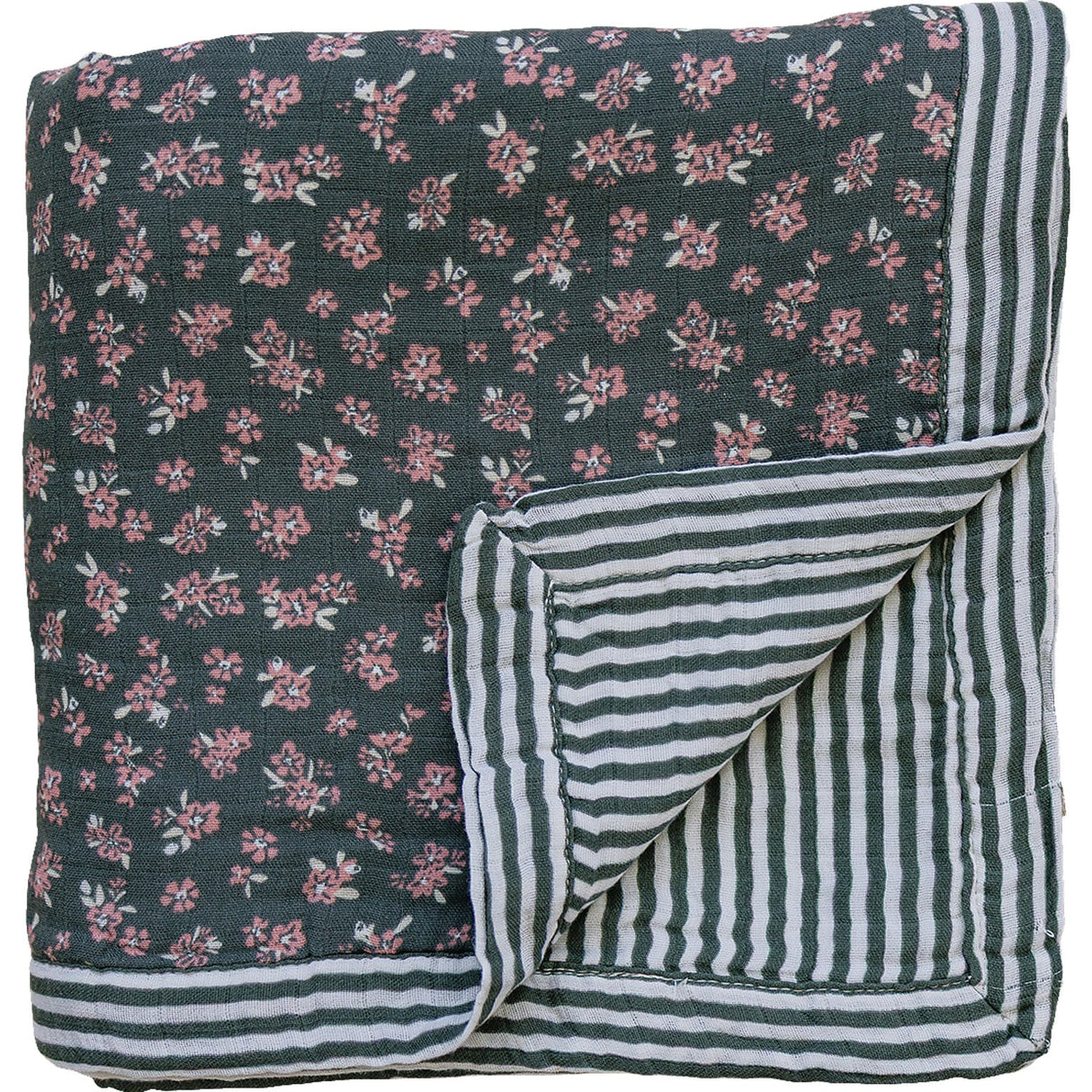 Olive Bloom + Green Stripes Muslin Quilt - HoneyBug 