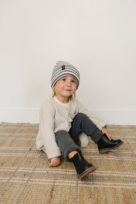 Grey & White Stripe Chunky Knit Beanie - HoneyBug 