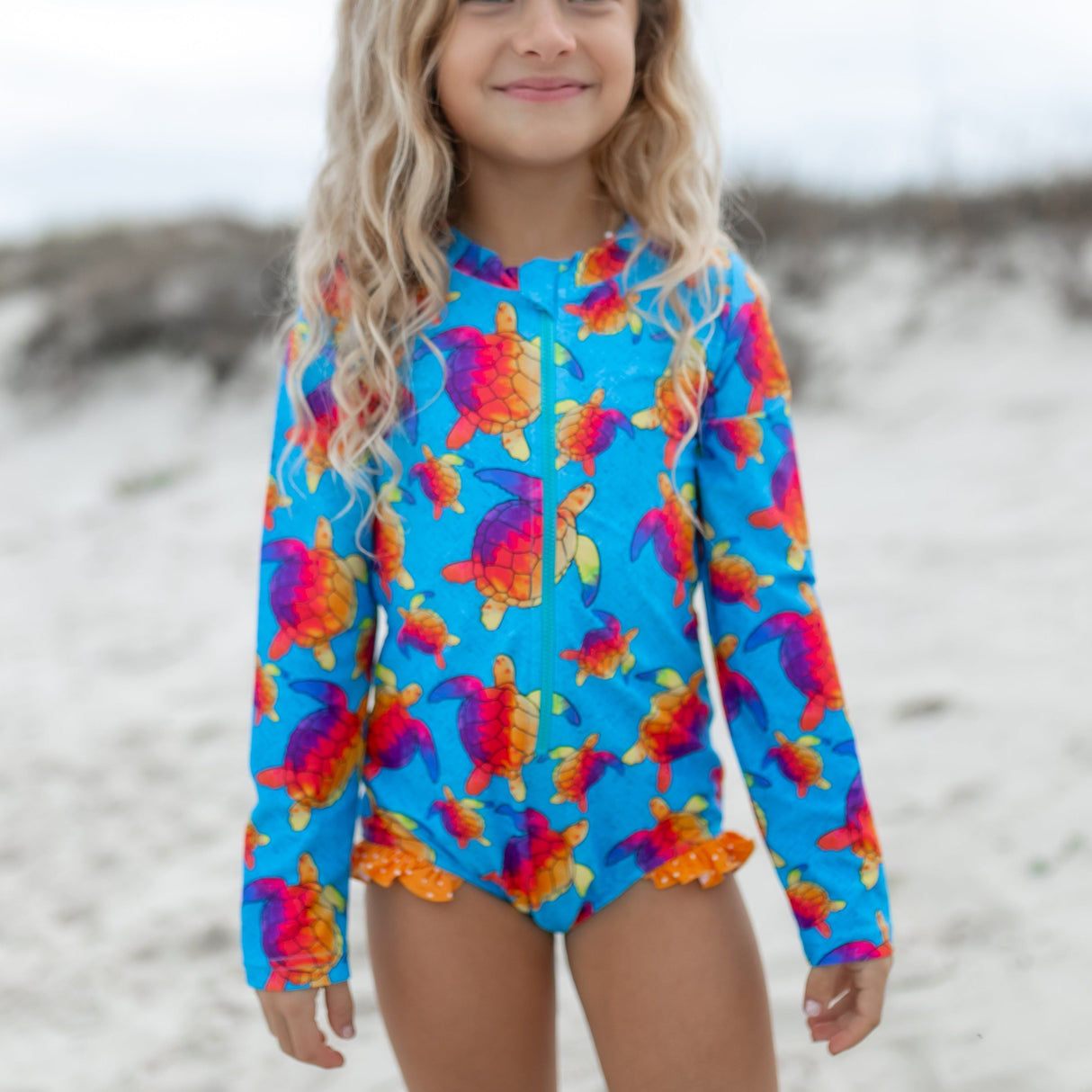 Mia Blue Rainbow Turtle Zip Swimsuit - HoneyBug 