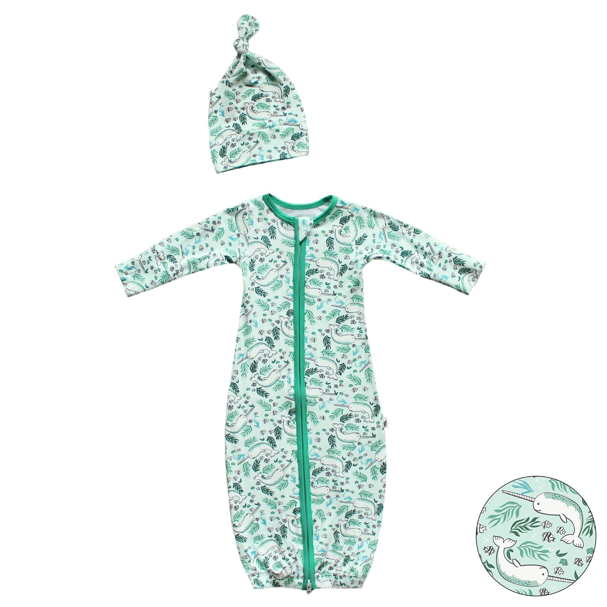 Aquamarine Narwhals Newborn Gown & Knot Hat Set - HoneyBug 
