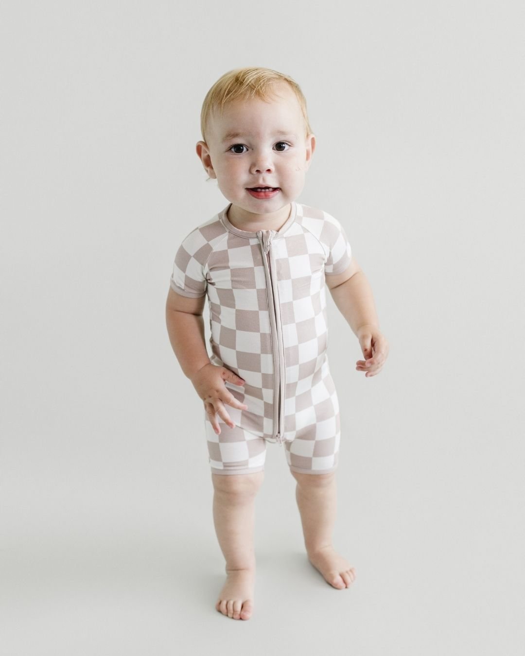 Bamboo Shorty Romper | Latte Checkered - HoneyBug 