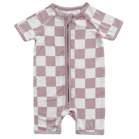 Bamboo Shorty Romper | Latte Checkered - HoneyBug 