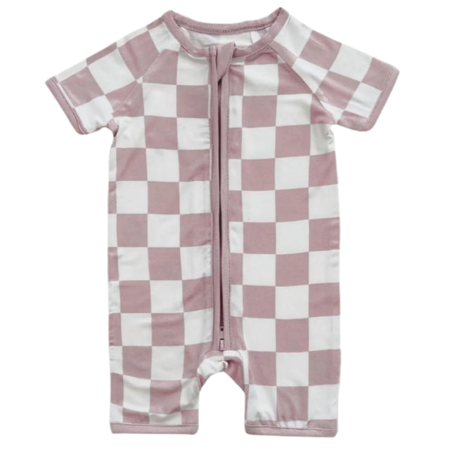 Bamboo Shorty Romper | Latte Checkered - HoneyBug 