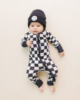 Bamboo Zip Romper | Black Checkered - HoneyBug 