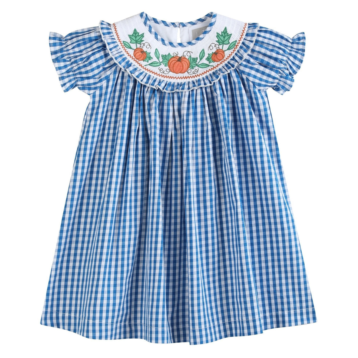Blue Gingham Pumpkin Smocked Ruffle Bishop Dress