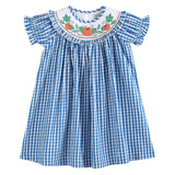 Blue Gingham Pumpkin Smocked Ruffle Bishop Dress