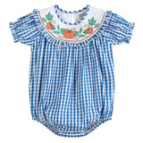 Blue Gingham Pumpkin Smocked Ruffle Romper