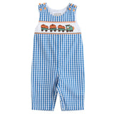 Blue Gingham Pumpkin Train Smocked Overalls