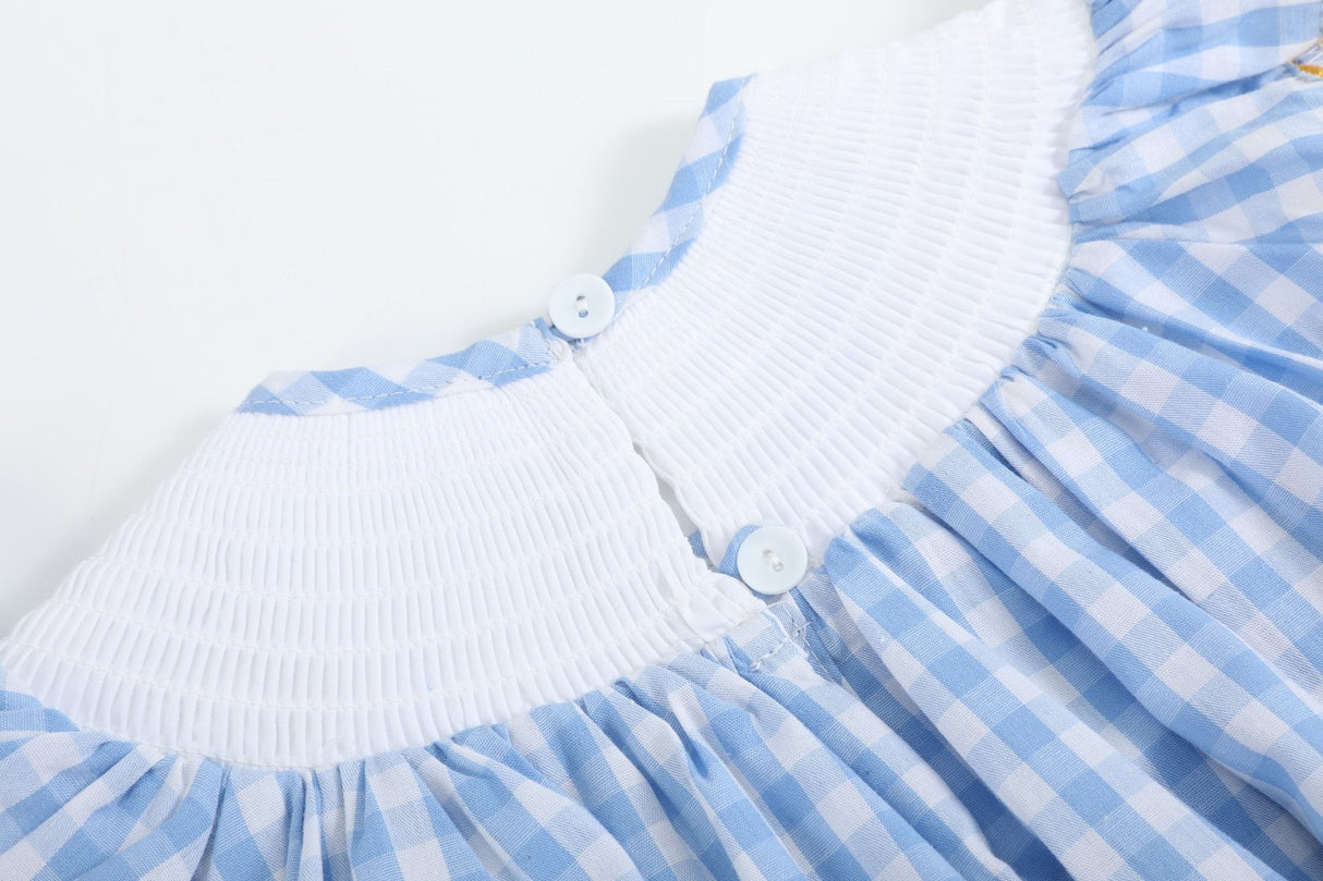 Blue Gingham Sunflower Smocked Bishop Dress