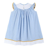 Blue Gingham Sunflower Smocked Bishop Dress
