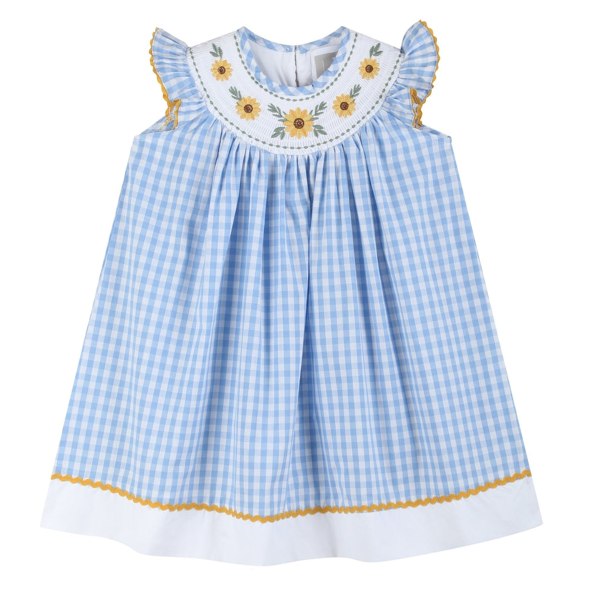 Blue Gingham Sunflower Smocked Bishop Dress