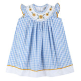 Blue Gingham Sunflower Smocked Bishop Dress
