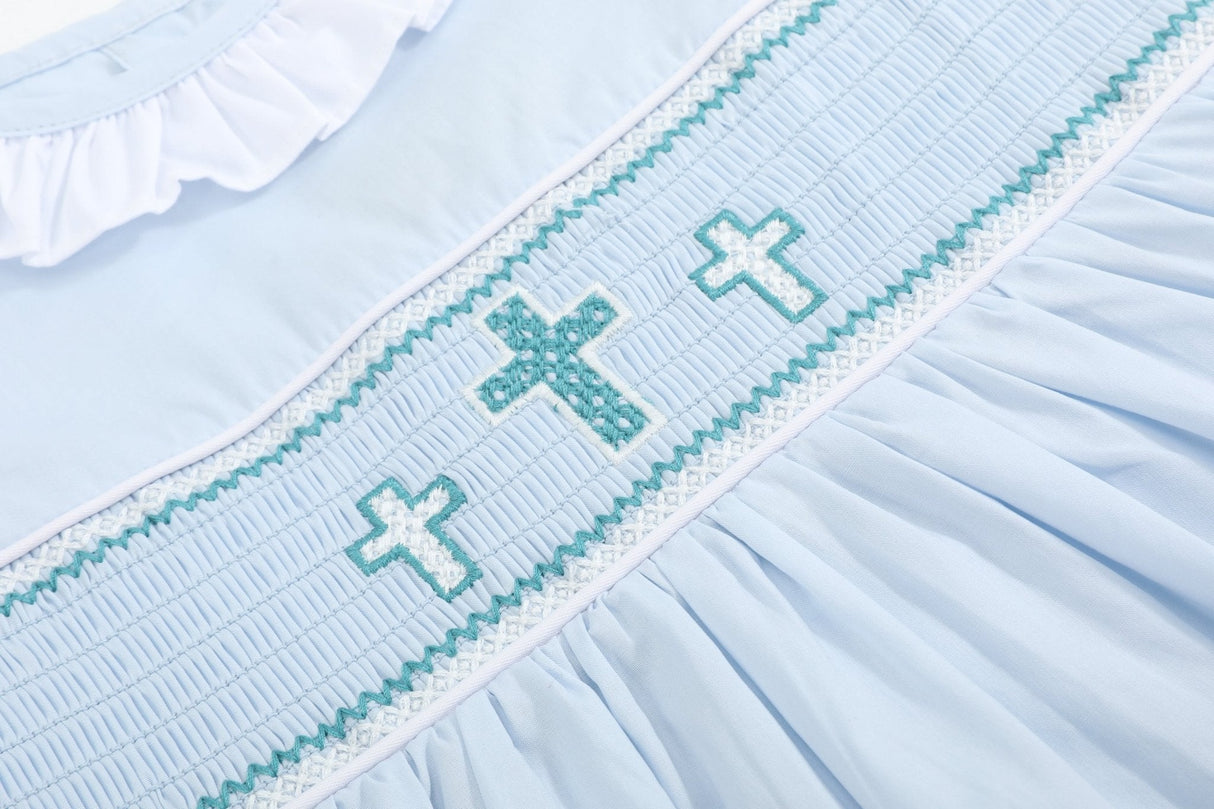 Blue Ruffled Crosses Smocked Dress