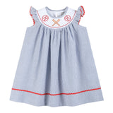 Blue Seersucker Baseball Smocked Bishop Dress