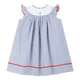 Blue Seersucker Baseball Smocked Bishop Dress