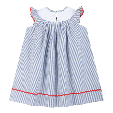 Blue Seersucker Baseball Smocked Bishop Dress