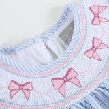 Blue Seersucker Bow Smocked Bishop Dress