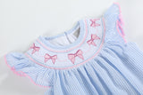 Blue Seersucker Bow Smocked Flutter Romper