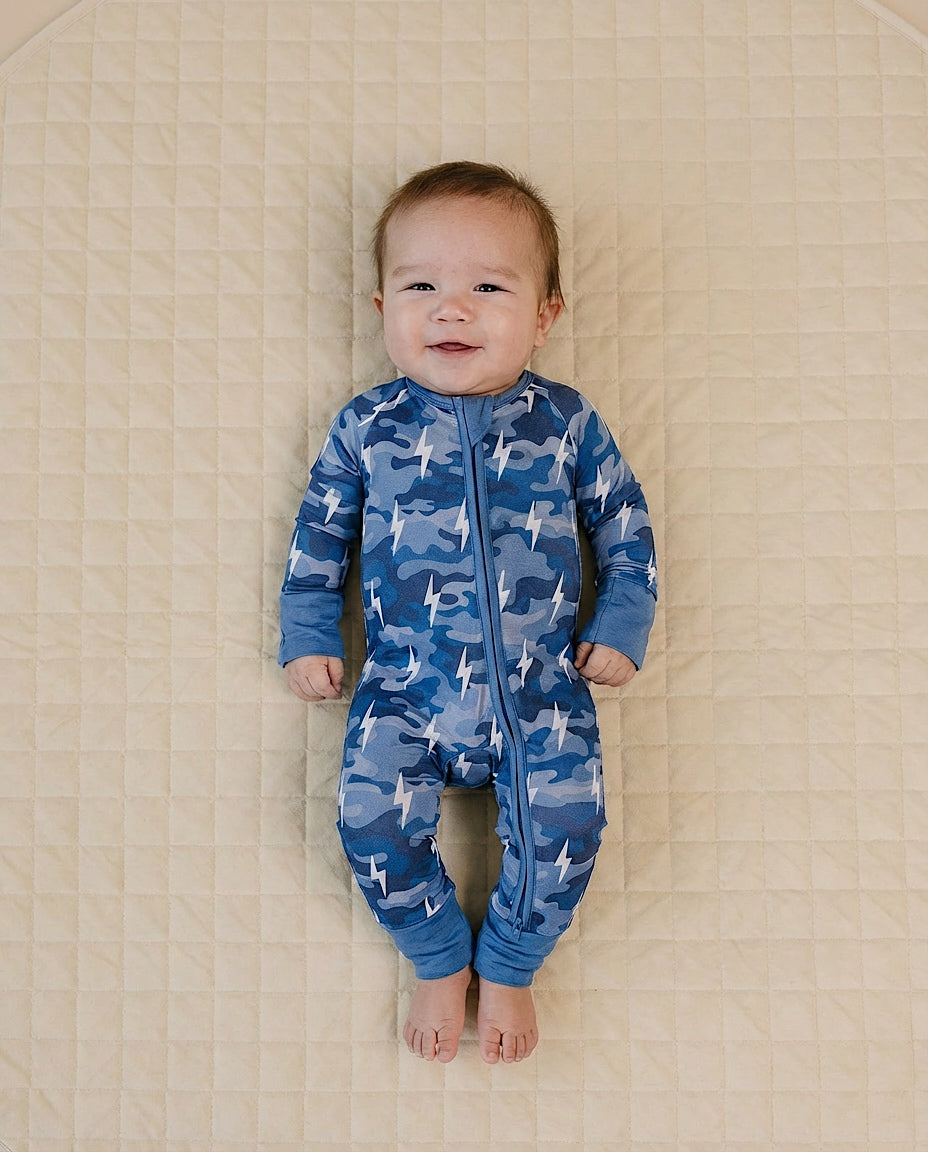 Bamboo Zip Romper | Blue Camo Bolts