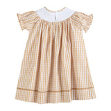 Brown Gingham Football Smocked Bishop Dress