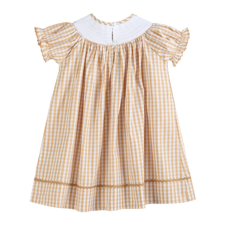 Brown Gingham Football Smocked Bishop Dress