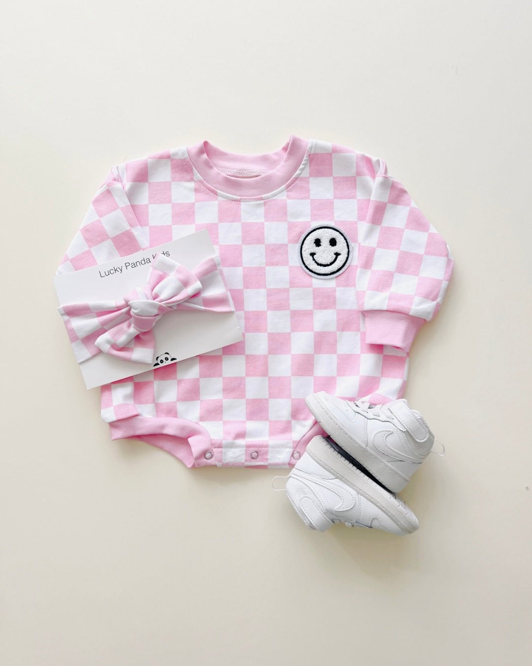 Bubble Romper | Checkered Smiley Pink - HoneyBug 