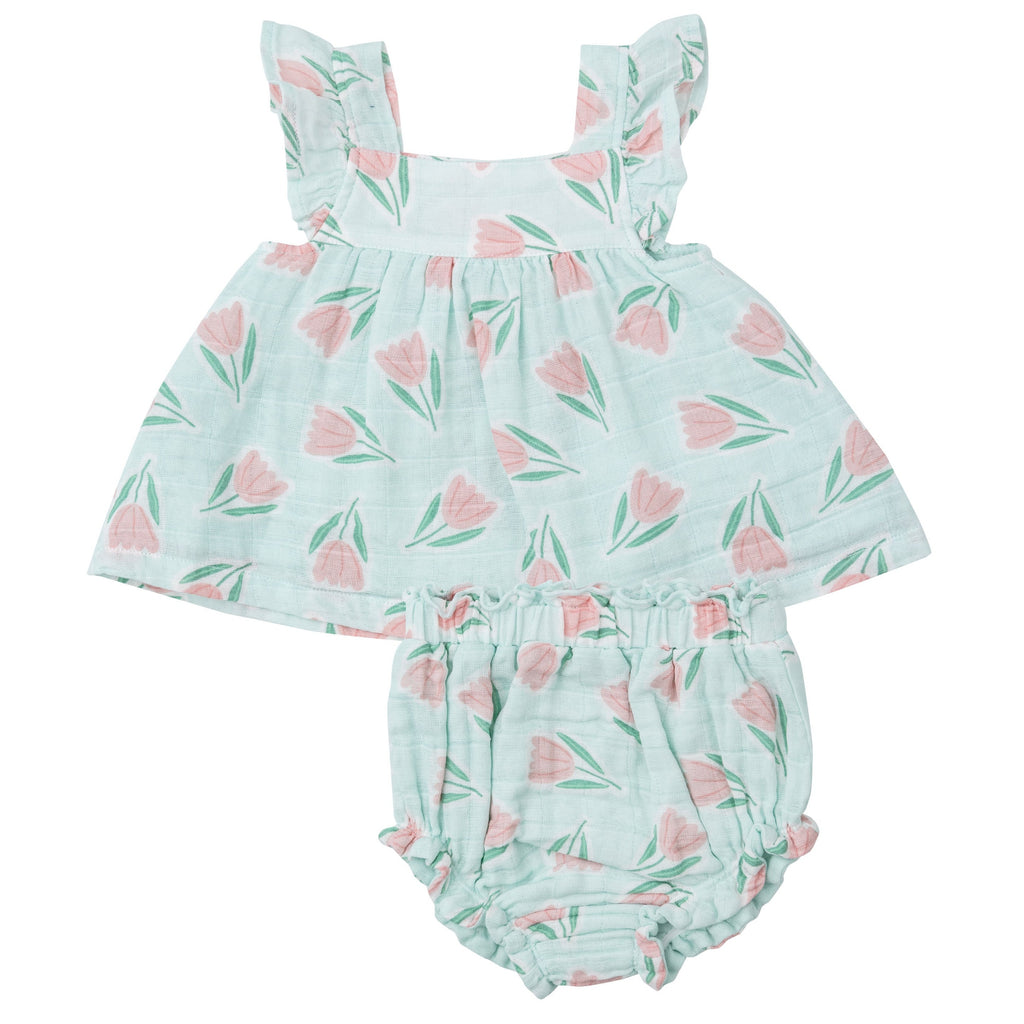 Butterfly Sleeve Pinafore & High Waisted Diaper Cover - Tulips - HoneyBug 