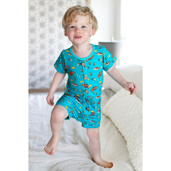 Calypso Fish Short Two-Way Zippy Romper with Faux Buttons (0-24m) - HoneyBug 