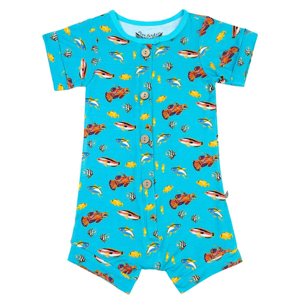 Calypso Fish Short Two-Way Zippy Romper with Faux Buttons (2T-3T) - HoneyBug 