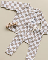 Checkered Smiley Lounge Set | Latte - HoneyBug 