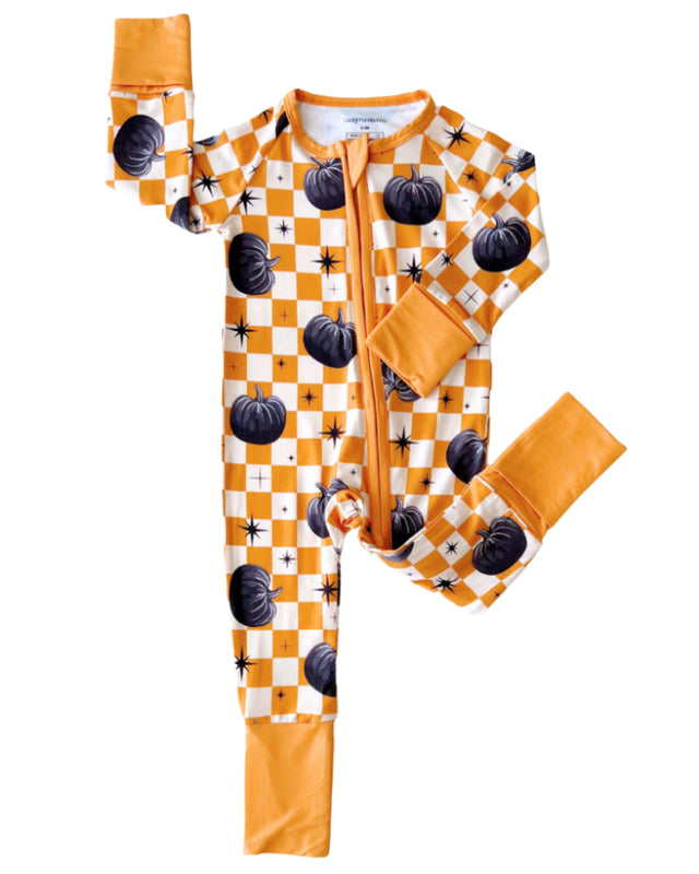 Bamboo Zip Romper | Checkered Pumpkin - HoneyBug 