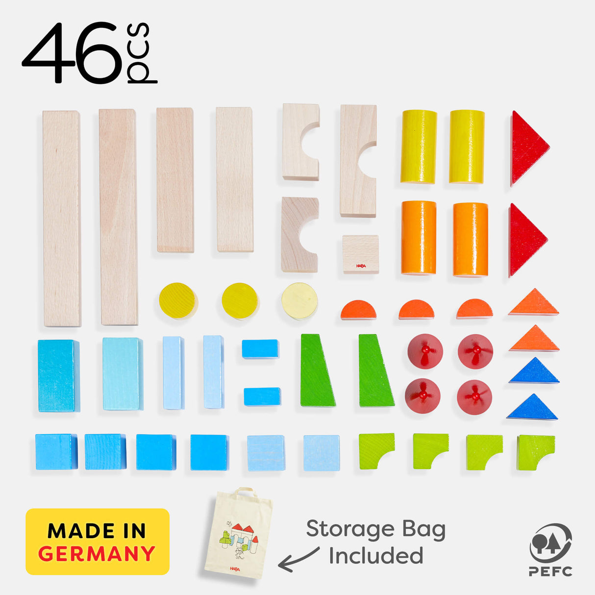 Colored Wooden Building Blocks - 46 Piece Set - HoneyBug 