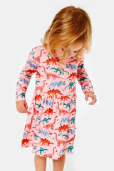 Stretchy Long Sleeve Twirl Dress - Dinosaur Garden - HoneyBug 