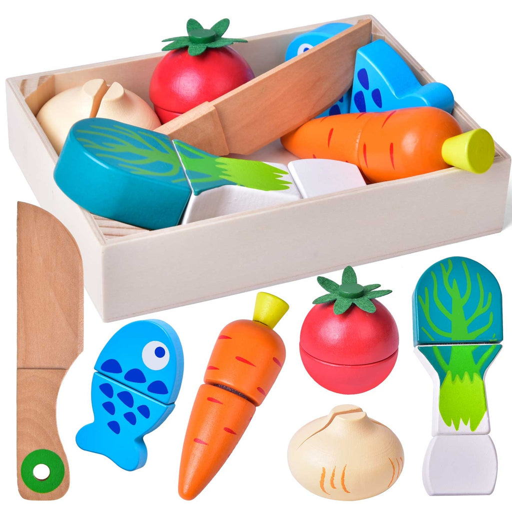 Wooden Pretend Cutting Play Food Set for Kids (12 pieces) - HoneyBug 