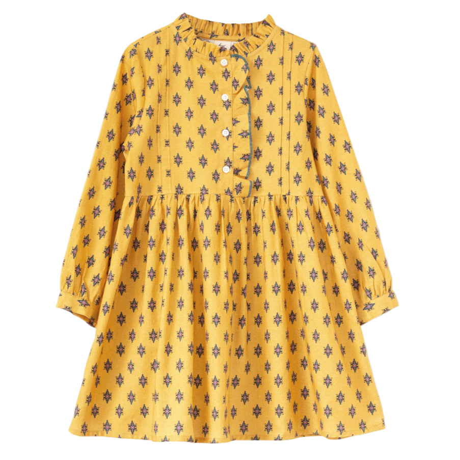 Girls' Long Sleeves Dress with Front Ruffle| Yellow and Pink - HoneyBug 