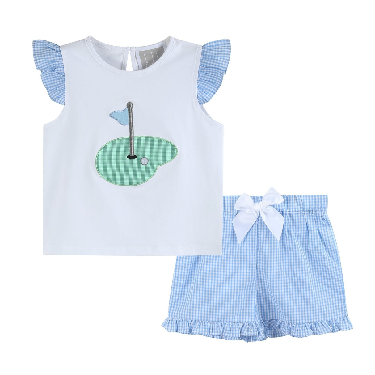 Girls Light Blue Gingham Golf Tee and Shorts 2pc Set