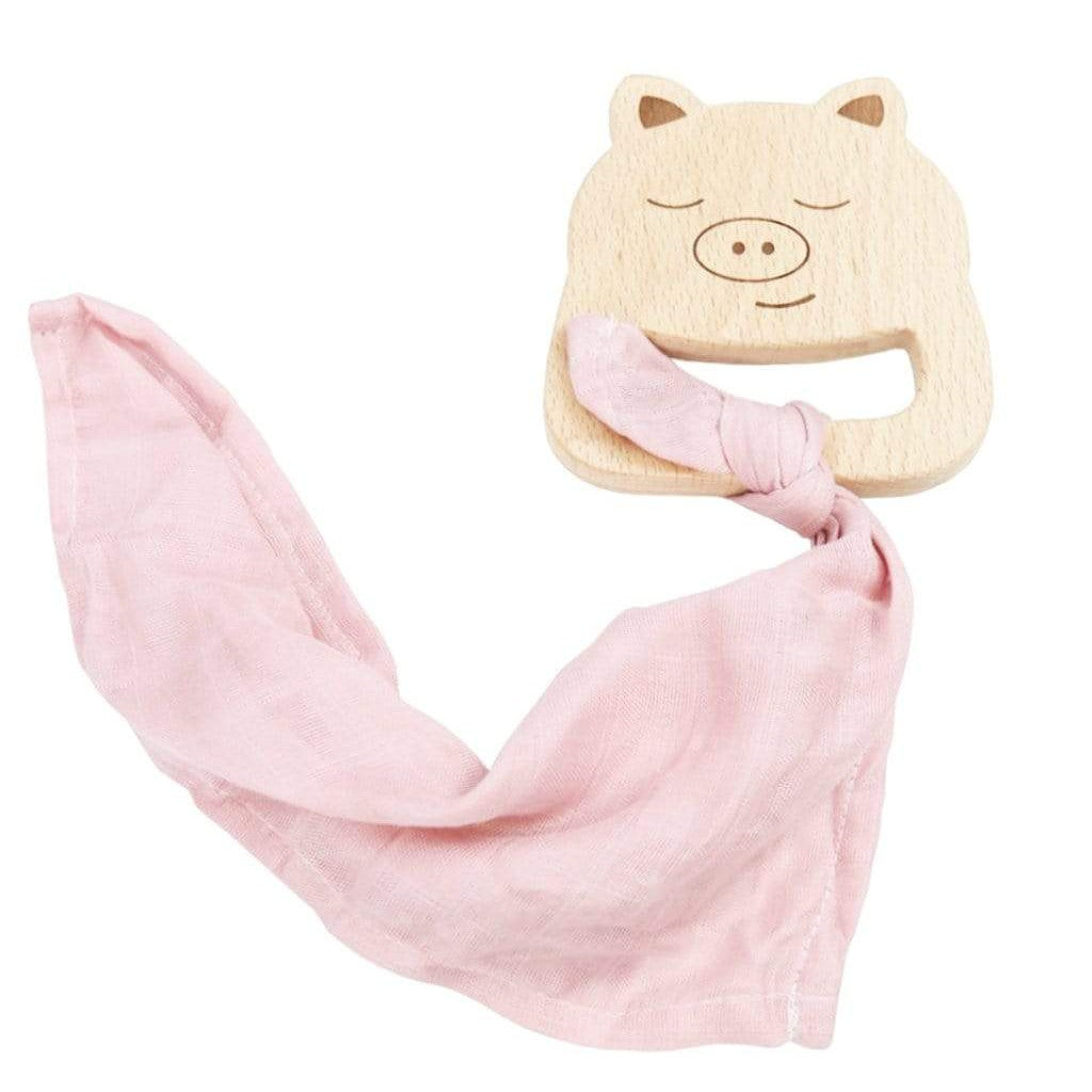 Pig Wooden Teether & Pink Blankie - HoneyBug 